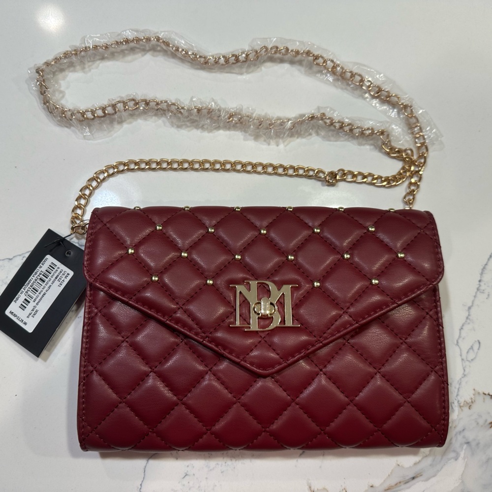 Badgley Mischka Quilted Crossbody Bag Designer Purse with Studs; Color - Wine